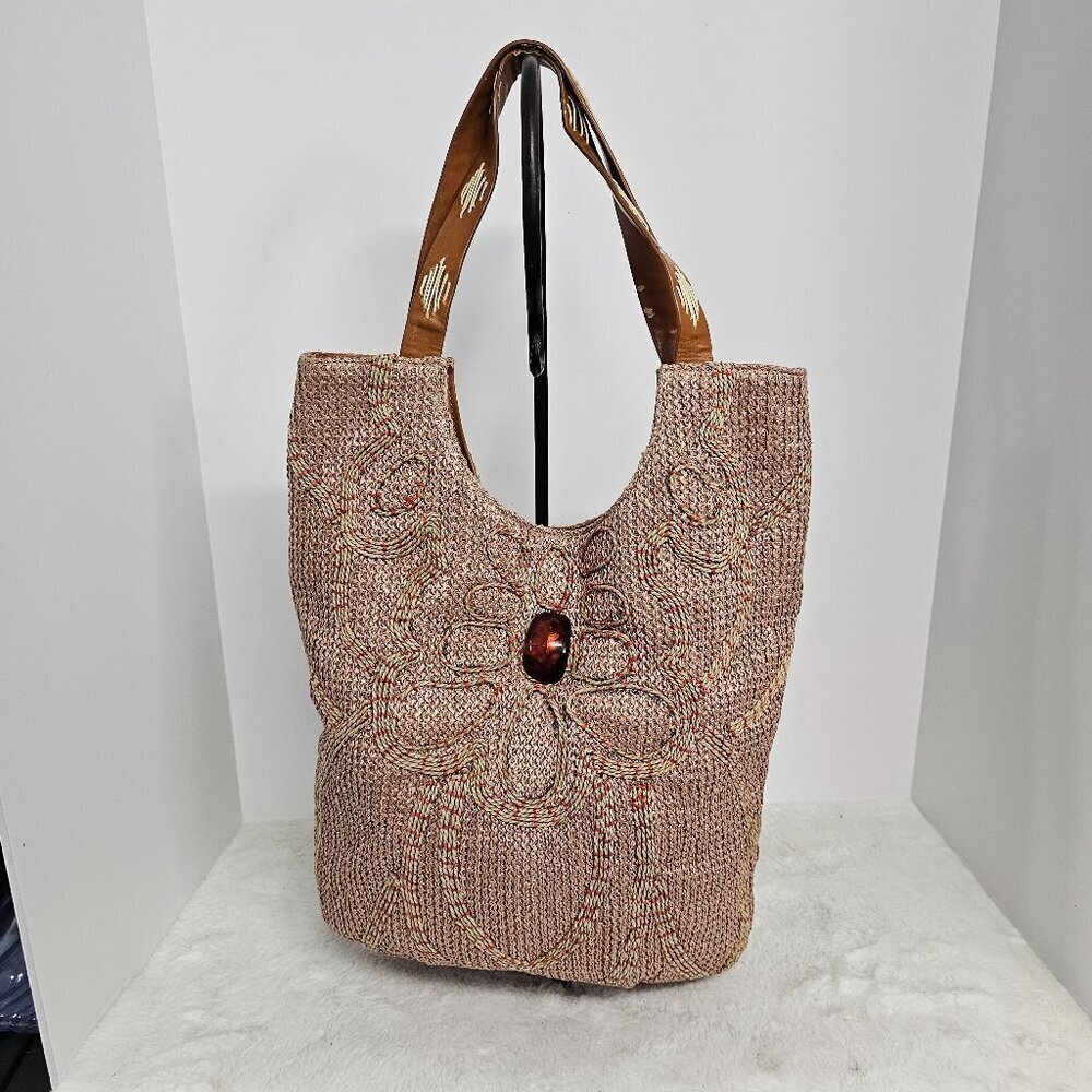 Chico's Tan Embroidered Straw Boho Shoulder Bag